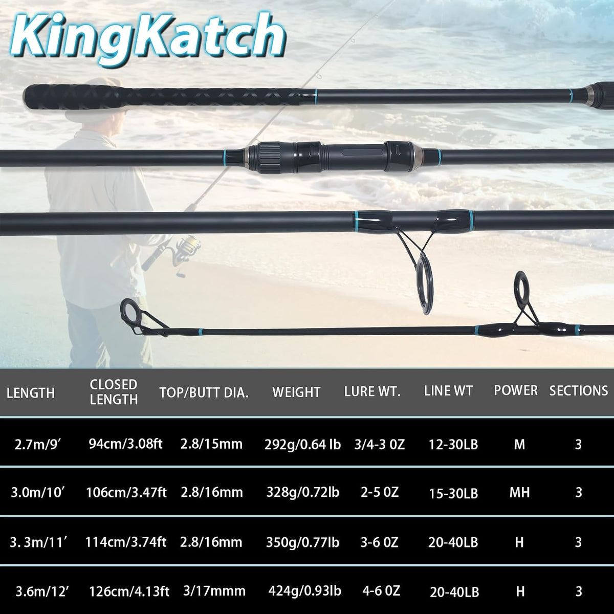 KingKatch Black 3-Section Carp Fishing Rod – 3.3M